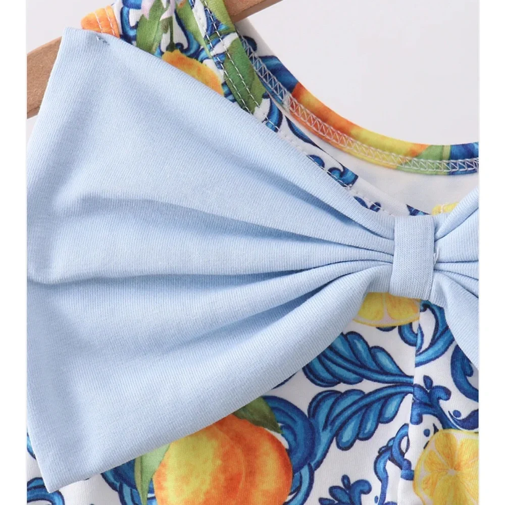 Smocked Baby Two-Piece Lemon Set with Light Blue Bow & Ruffle Bloomers Set Girls